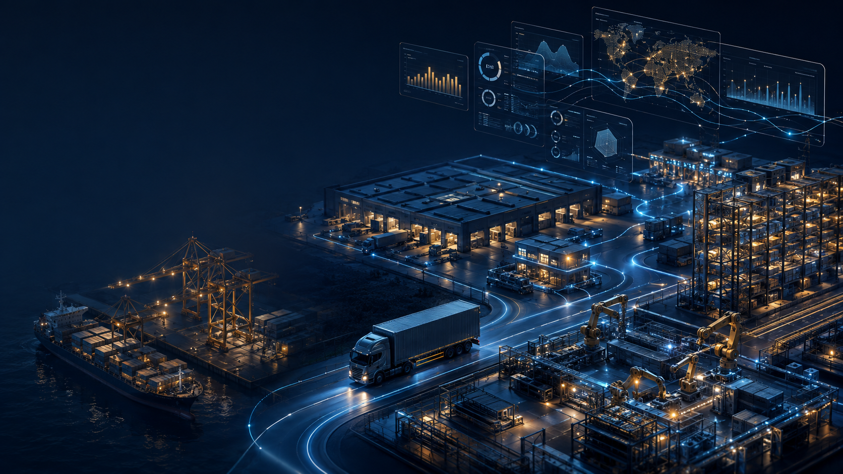 Futuristic integrated supply chain network with port, warehouse, factory and analytics